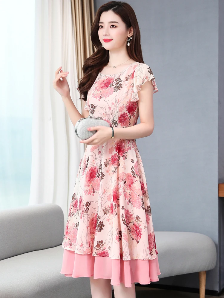 2024 Pink Floral Ruffle Casual Boho Beach Kawaii Sundress Women Chic Sexy Prom Midi Dress Korean Elegant Bodycon Evening Vestido