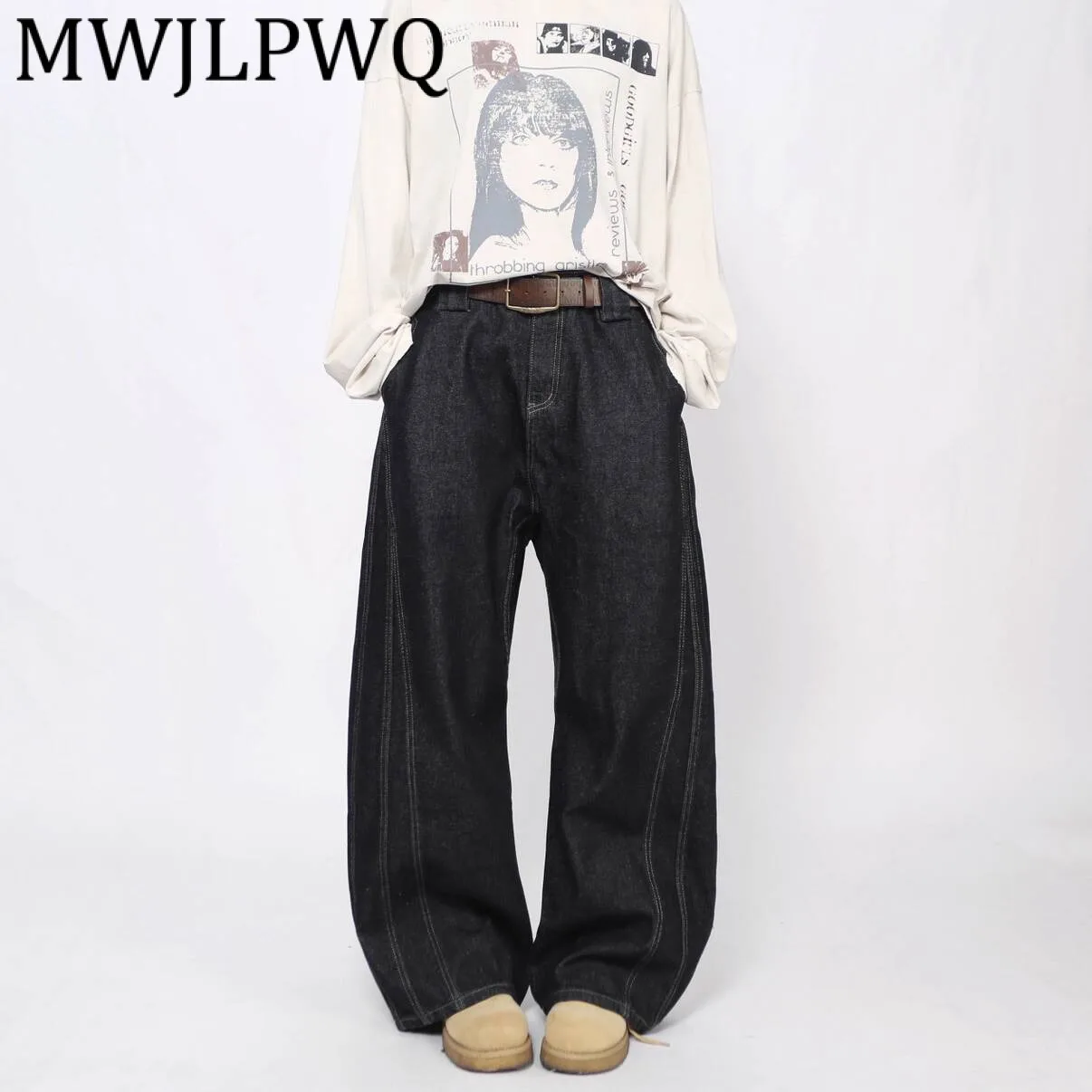 

MWJLPWQ Американский дизайн Sense Деконструированные лоскутные широкие брюки унисекс Прямые свободные потертые винтажные джинсы Machete 21803