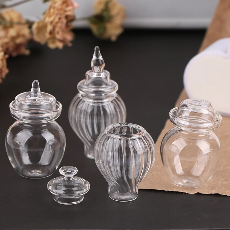 1:12 Dollhouse Miniature Pickle Jar Clear Glass Candy Jar Coffee Bean Storage Bottle With Cover Model Kitchen Decor Toy