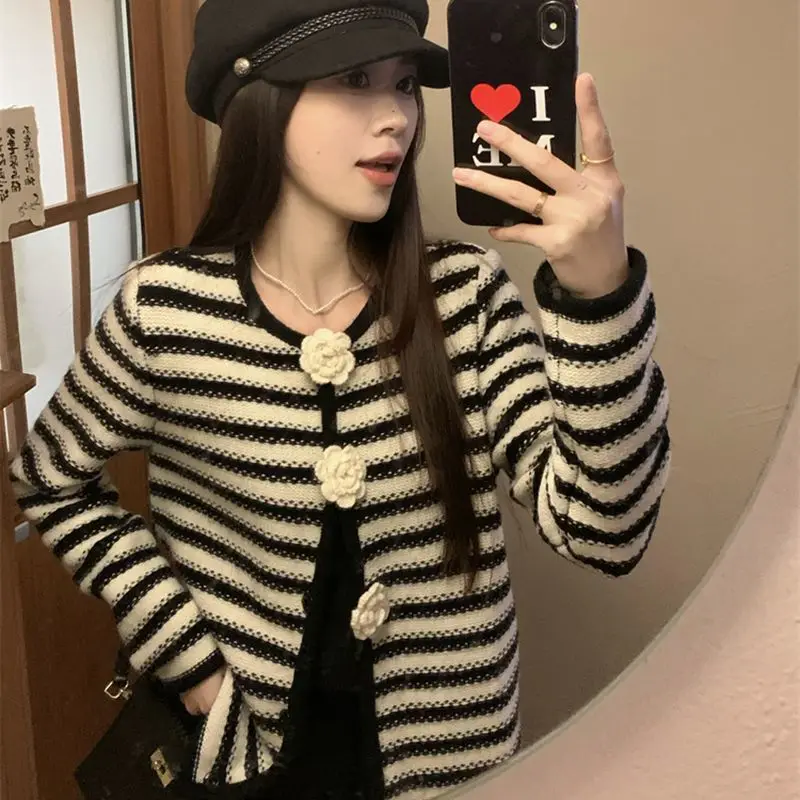 Three-dimensional Camellia Small Fragrant Sweater Jacket Classic Black and White Striped Contrasting Color Knitted Cardigan