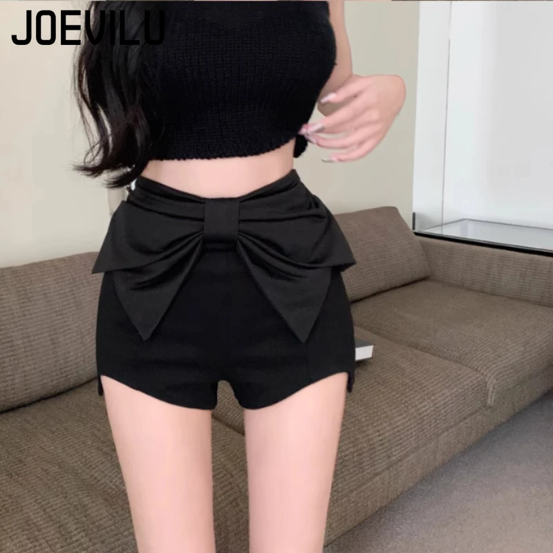 JOEVILU ハイウエスト蝶ネクタイショーツ夏の新フレンチスパイスガールズヒップスターパンツ不規則な黒のショーツトレンディな婦人服
