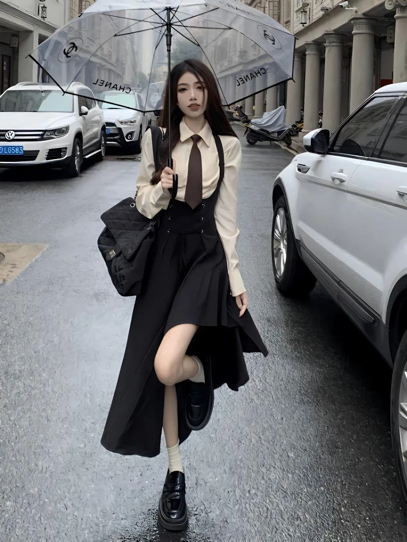 2024 spring new korean style sweet and spicy strap dress long sleeve shirt set two piece retro casual women fashion jk set s491