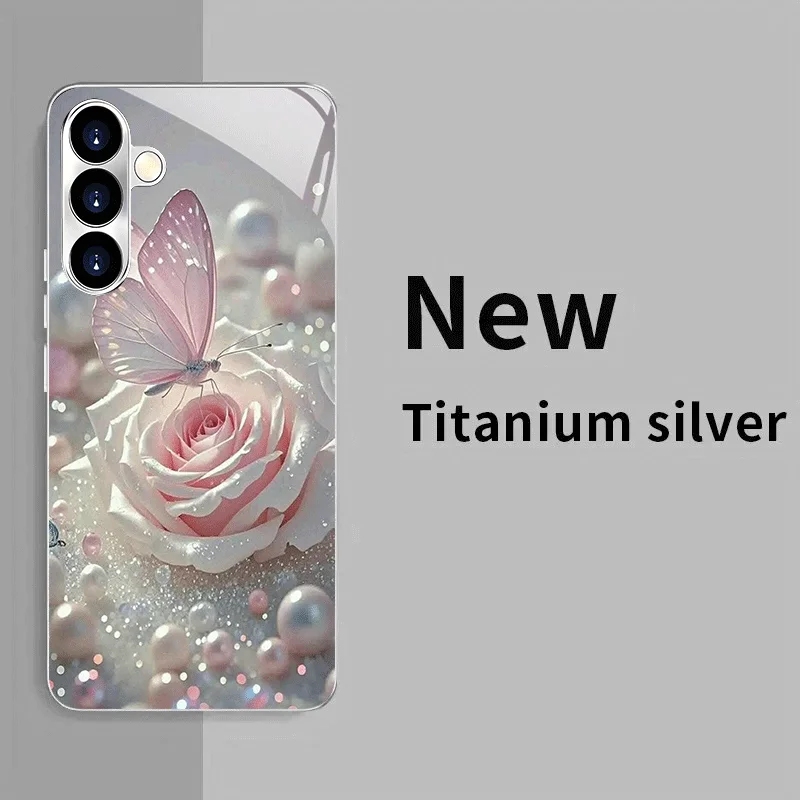 Premium Pearl Butterfly Rose Electroplated Silver Phone Case for Samsung Galaxy S26 S25 S24 S23 S22 S20 FE/Ultra/Plus drop Cover