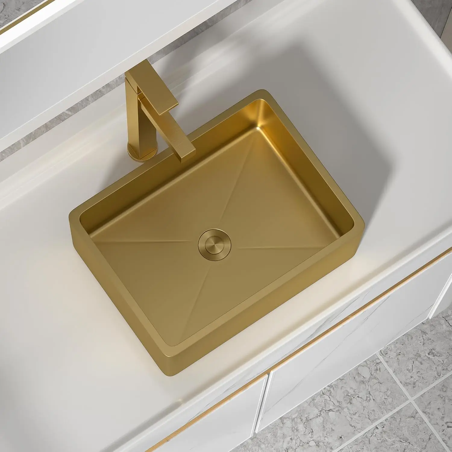 Modern Bathroom Vanity Basin-304 Stainless Steel 16 Gauge Brushed Gold NANO-PVD Easy Clean Rectangular Vessel Sink