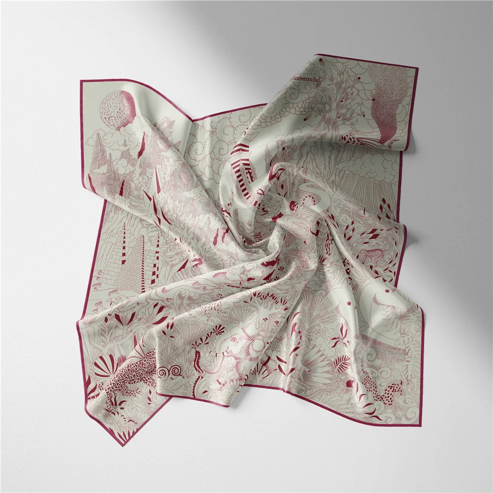 53cm Luxury Brand Square Scarf Woman Jungle Castle Animal 100% Twill Silk Women Scarf Bandana Luxury Headband Hijab Neckerchief