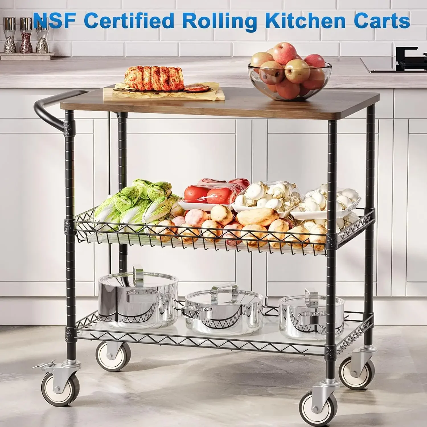 Three Tier Rolling Utility Cart Metal Wood Tabletop Wheels Handle Shelf Liner Serving Kitchen Storage