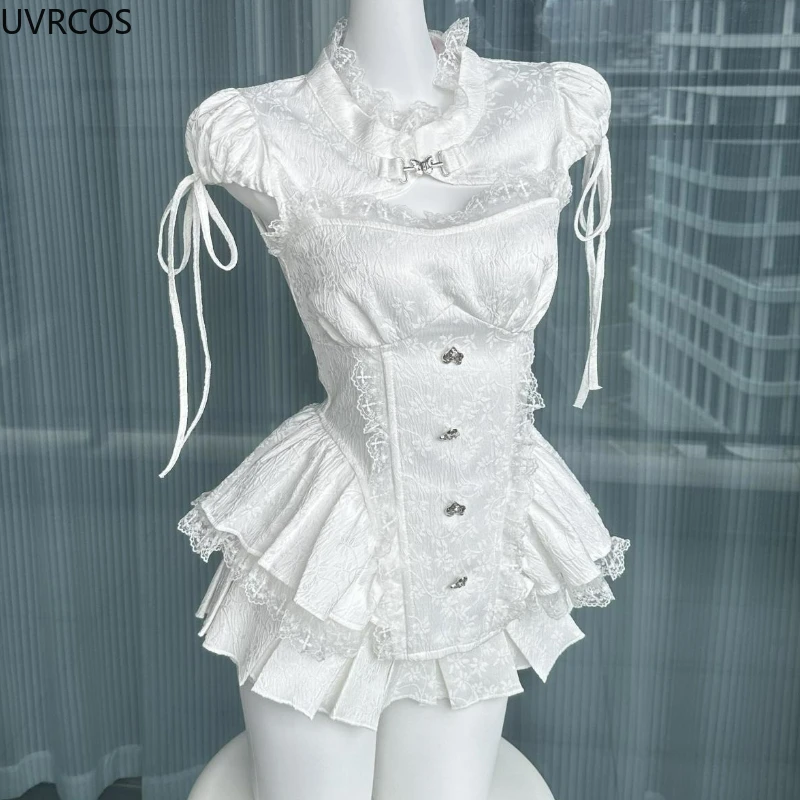 Ensemble jupe Style Lolita japonais pour femmes, Kawaii, dentelle, Patchwork, hauts avec nœud, Mini jupes à gâteau mignonnes, costumes coréens Y2k, ensembles de 2 pièces