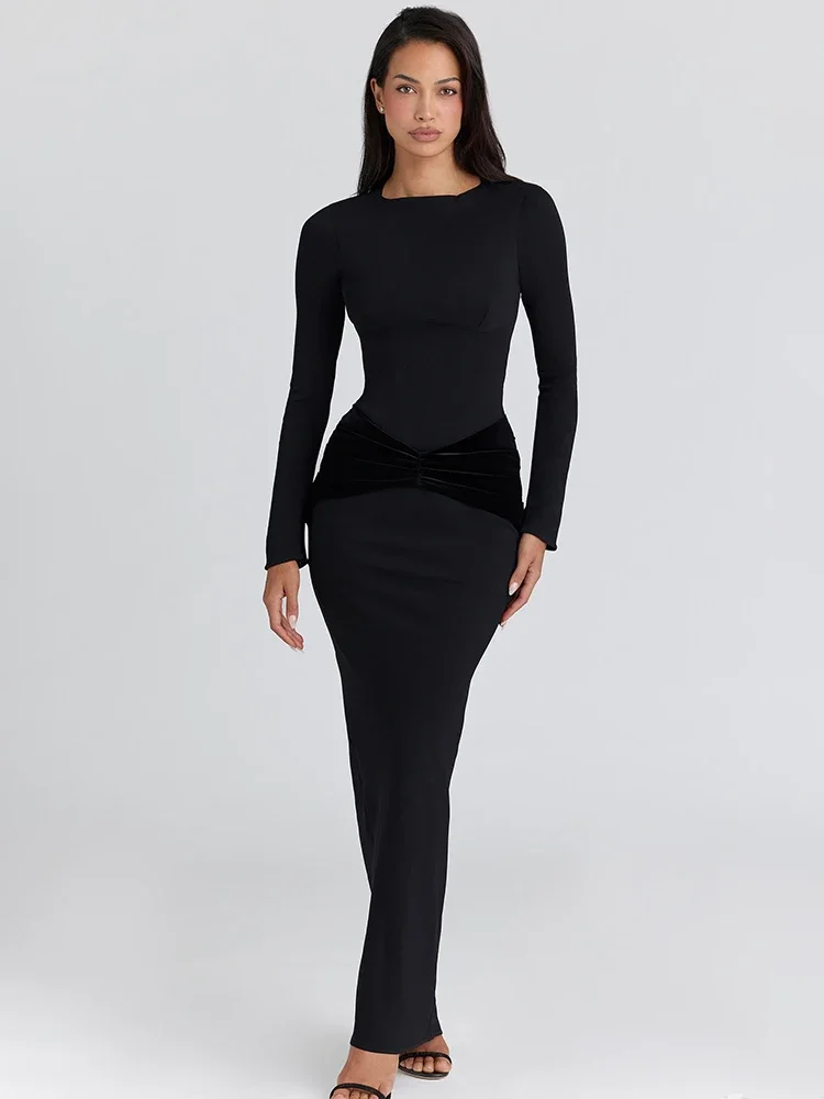 

Long Sleeve High Waist Ruched Sexy Maxi Dress Women Gown Elegant Black Patchwork O Neck Bodycon Club Party Long Dress