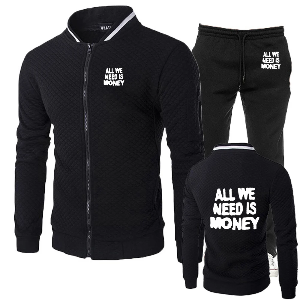 

2026 Streetwear All We Need Is Money Graphic Print Spring And Autumn Men's New Silm Fit Zipper Thin Sweatshirt + Long Pant Suit