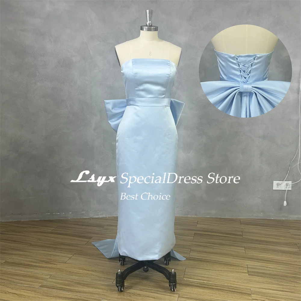 LSYX Real Pictures Strapless Lace-up Back Sheath Satin Evening Gown Sleeveless Detachable Big Bow Tea-Length Prom Dress