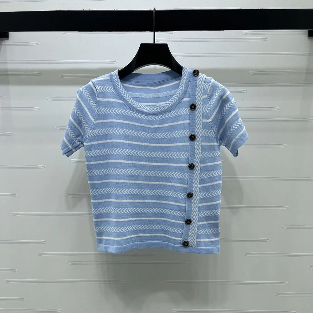 

High-quality 2026 new style women's round-neck short-sleeved top, with striped pattern and button decoration xy2643086
