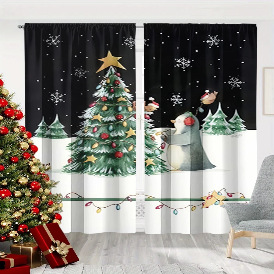 2PCS Christmas Winter Curtains, Penguin Decorating Tree Bird Snow Black, Digital Print, Bedroom Living Room, Home Decor