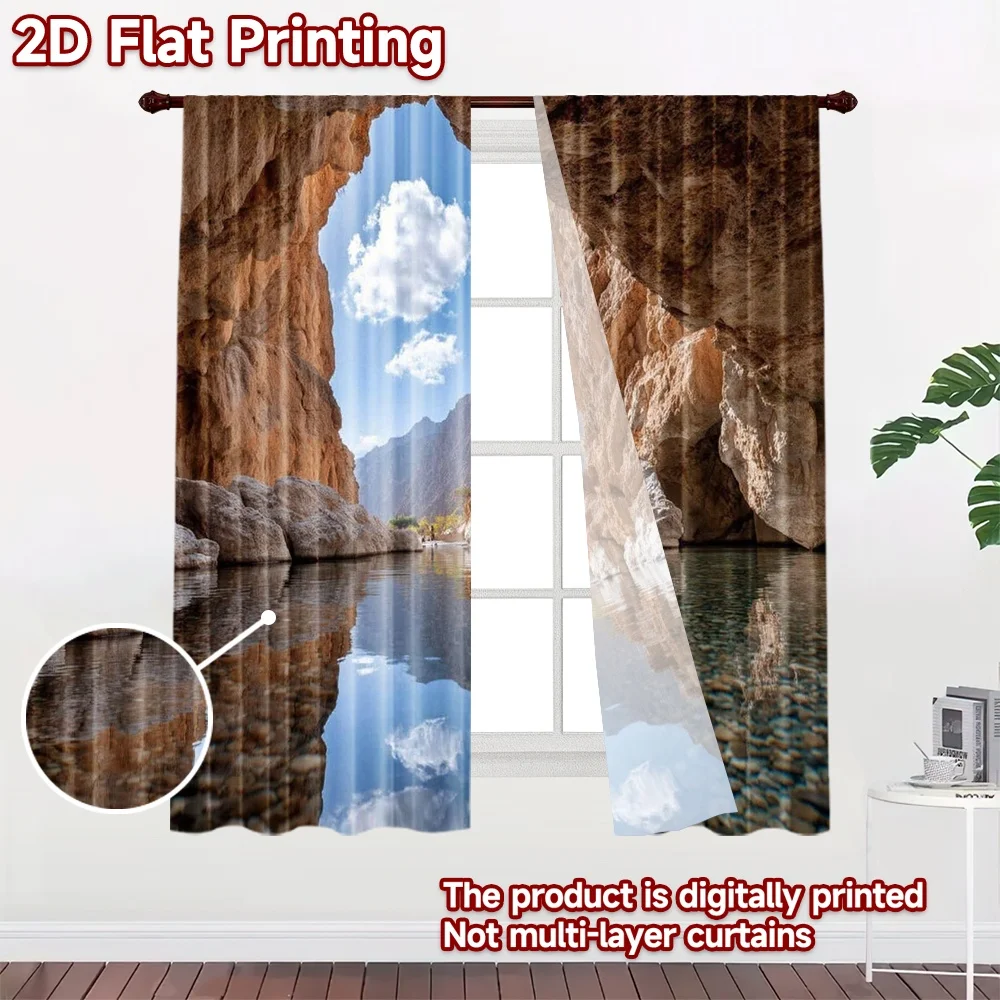 2D flat printing 2pcs Drapes Cave River Wadi Reflection Digital Printed Polyester Drapes Festive Holiday Perfect for Outdoor and