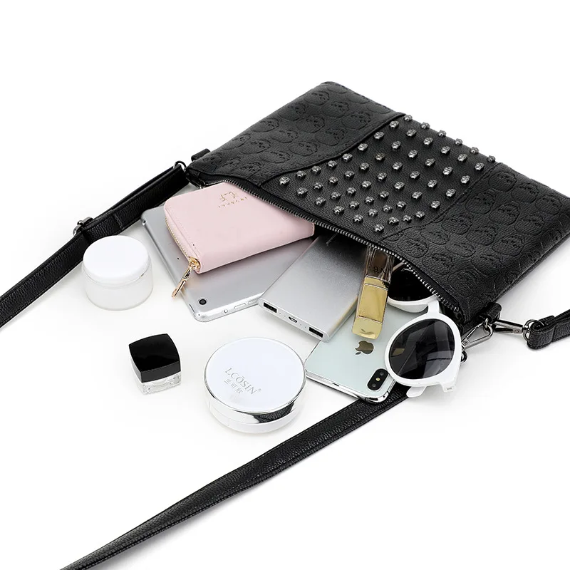 SHELKSBAG حقائب نسائية جديدة موضة الشارع برشام الجمجمة طباعة مخلب حقيبة محفظة الشرير القوطية خمر حقيبة كتف كروس سوداء