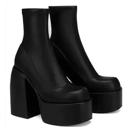 New Waterproof Platform Thick High Heel Side Zipper Women's Boots Large Size Warm Cowboy Short  Elastic Boots Leather Boots