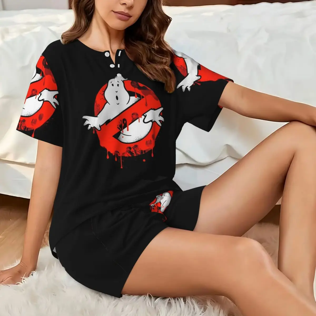 The GhostBusters Logo Pattern Round Neck Short Sleeves Nightdress for Sleeping Sleepshirts Women Loose Pajama Set Short Pants