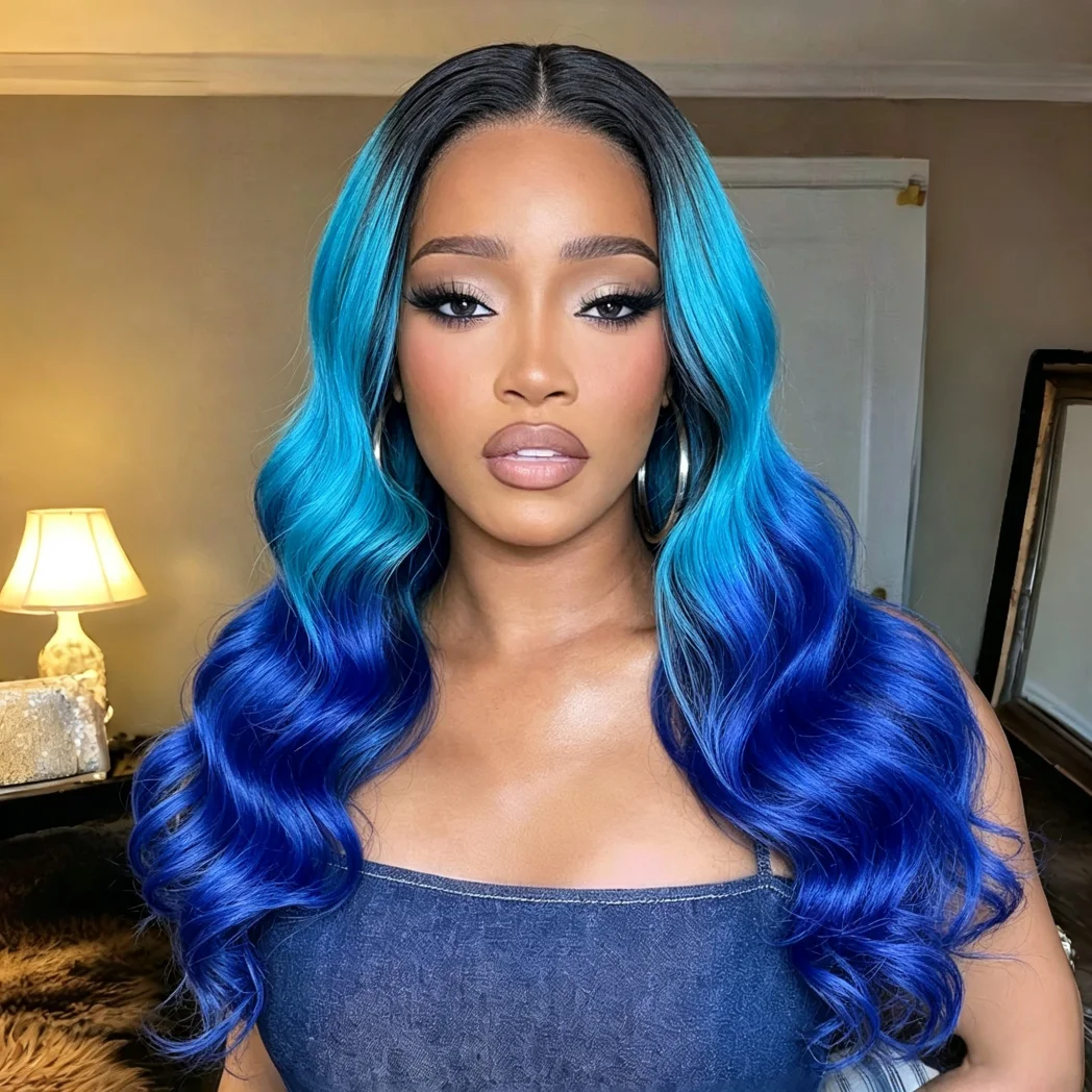 13x4 Lace Front Human Hair Wig for Women, Black Ombre Blue Body Wave Human Hair Wigs, Pre Plucked Hairline Wig for Daily Party
