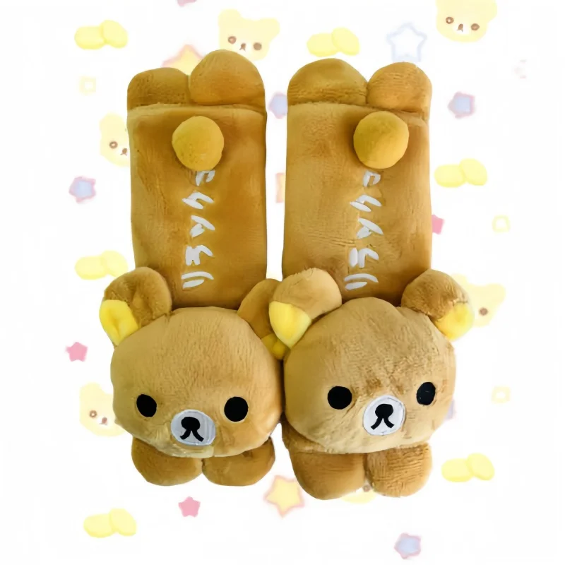 Kawaii Rilakkuma Soft Bear Stuffed Doll Car Neck Headrest Pillow with Safety Belt Kid-Friendly Shoulder Pillow for Travel Gifts