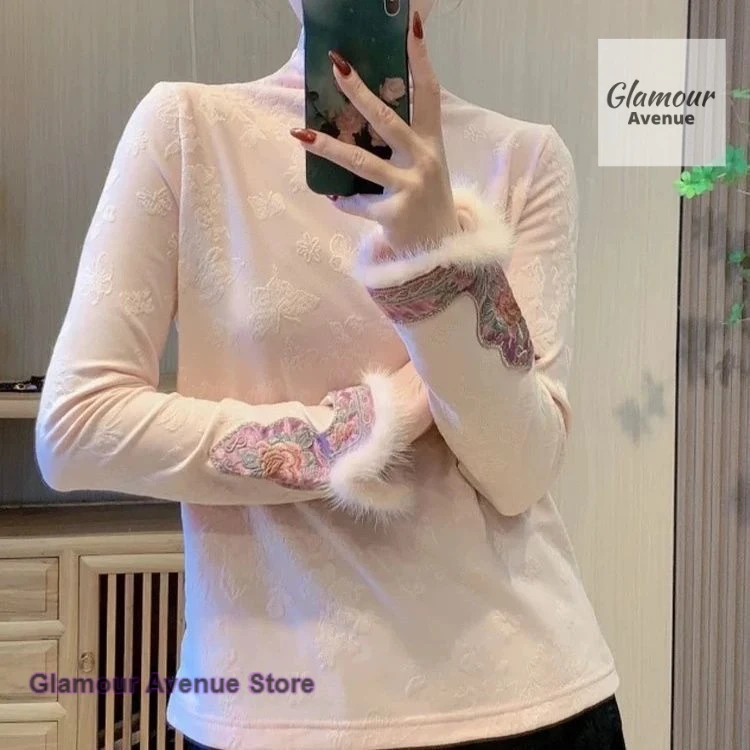 

High-grade feeling new Chinese style national style top light and beautiful long-sleeved pink stitching knit bottoming shirt