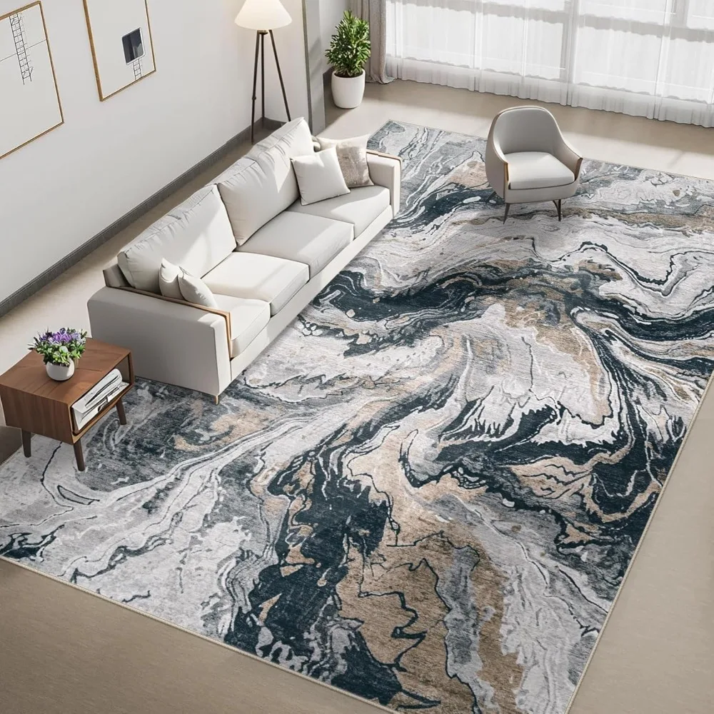 

8x10 Area Rugs Living Room: Washable Neutral Abstract Rug Large Modern Marble Indoor Soft Non-Slip Carpets for Bedroom Nursery O