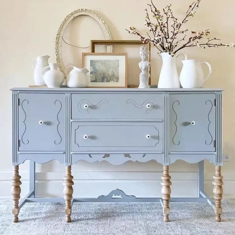 French solid wood living room dining side cabinet American retro blue locker entry wall decorative cabinet carved porch cabinet