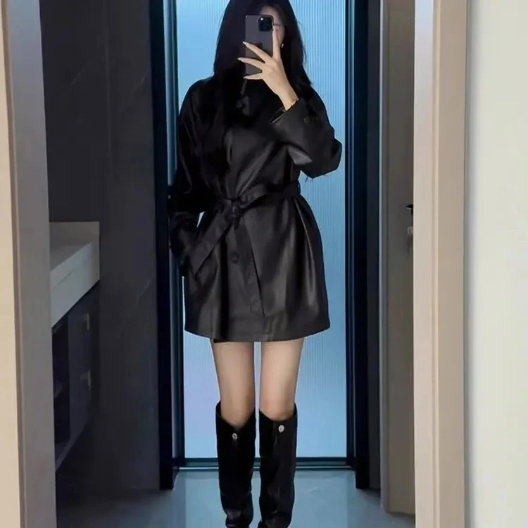 고급 레트로 2025 가죽 재킷 루즈핏 및 허리 조임 스타일 신상 중장기 패션 캐주얼 윈드브레이커 재킷