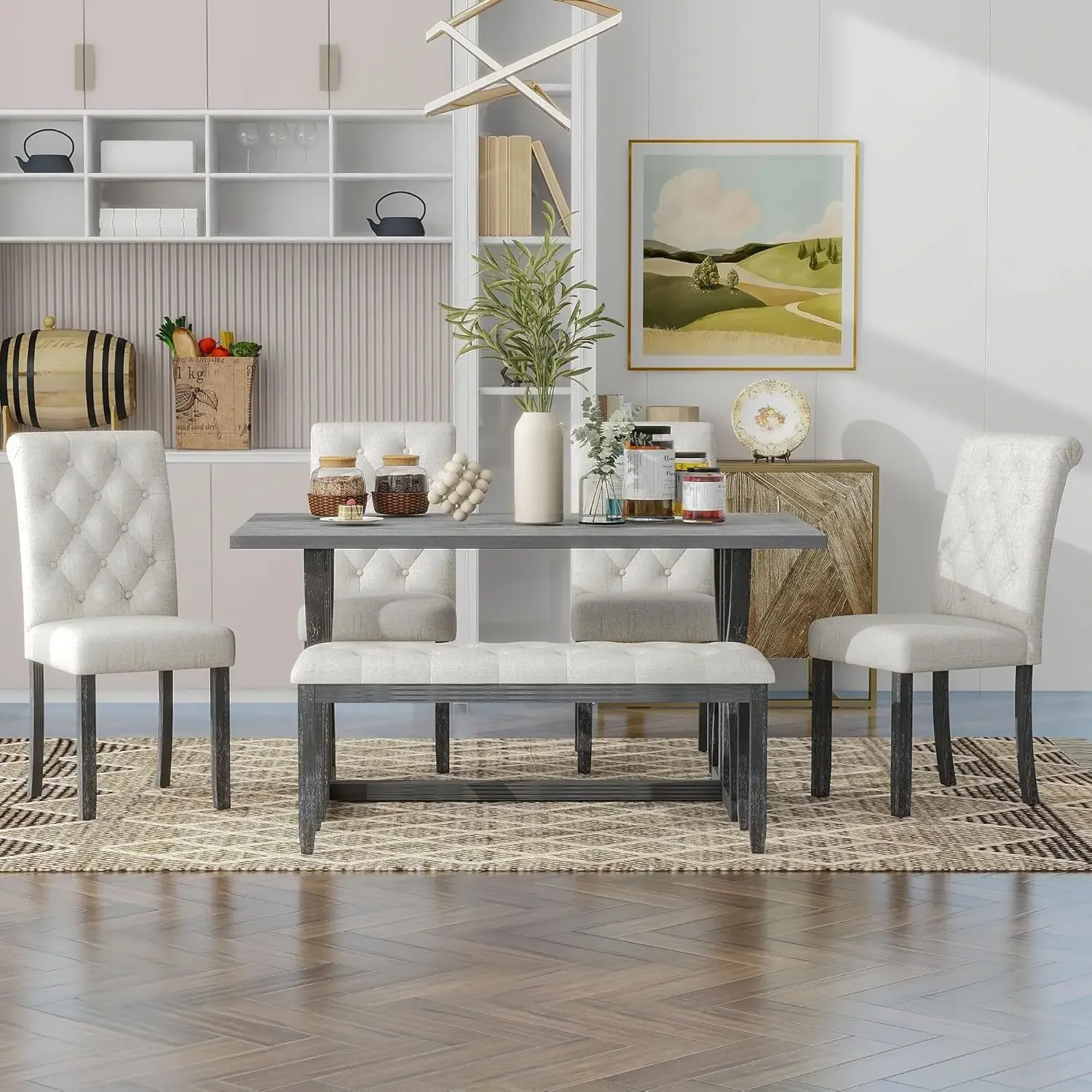 6 Pieces Wood Dining Table Set with Bench, Retro Rectangular Table with Unique Legs and 4 Upholstered Chairs 1 BenchDining Room