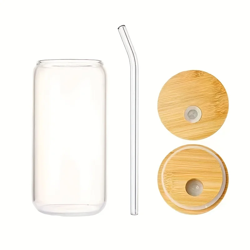 16oz Little Daisy Pattern Drinking Glass With Bamboo Lid And Straw Orange/White Glass Can Drinking Bottle For Summer Drinks