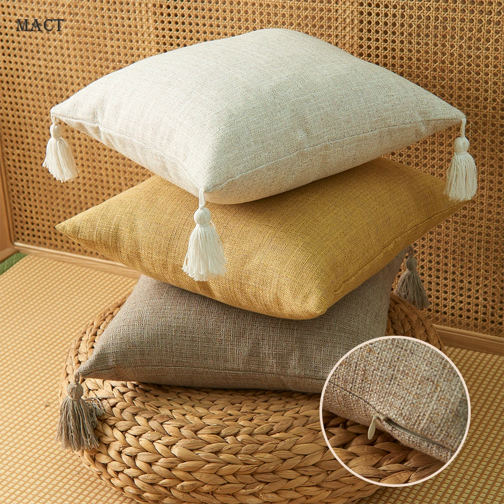 MACT Solid Faux Linen Cushion Cover With Tassels Square Pillowcase Japanese Style Cushion Case Decorative Home Living Room Sofa