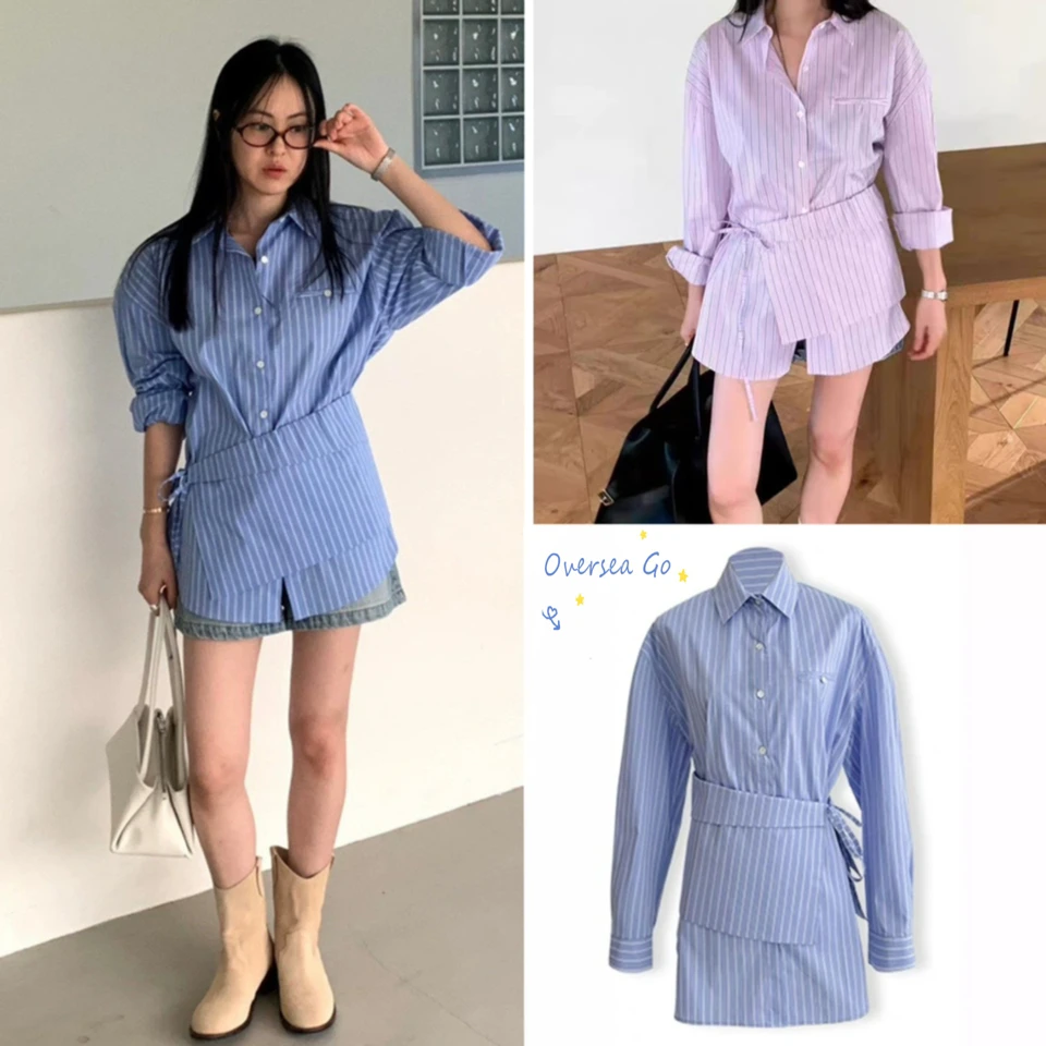 

2025 New Design Vertical Stripes Long Sve irt with Belt Women's Apron Curtain Korean Sle Loose Fit Pure Cotton Cotton ...