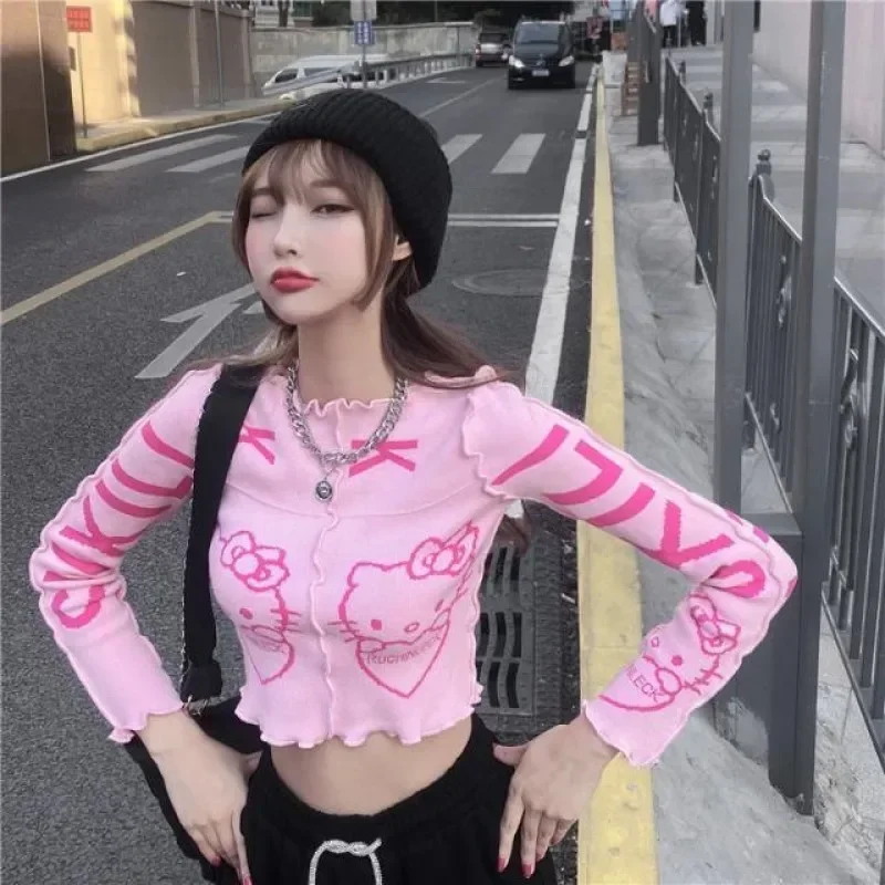 Sanrio Hello Kitty  Knitted Sweater Cartoon Fashion Cute Inner Wear Short Jacket Sexy T-Shirt Girly Heart Warm Knitted Top