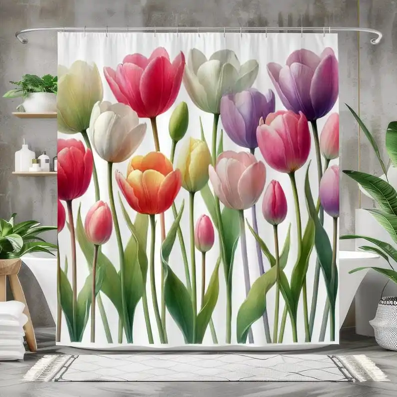 Colorful Tulip Shower Curtain, Vibrant Watercolor Floral Bathroom Decor Spring Flower Fabric Curtain for Cheerful Modern Homes