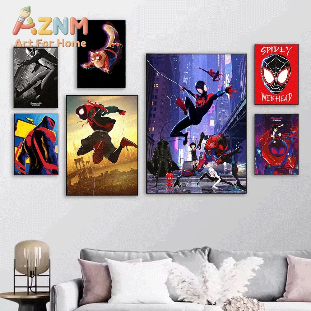 2D Flat Posters & Prints,Spider-Verse Miles Morales City Scene Canvas Wall Art,2D Flat Frameless Superhero Comic Print,Home De