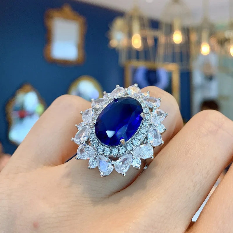 Anillo de compromiso elegante para mujer, de estilo francés, con imitación de zafiro natural y diamantes incrustados, de forma ovalada, y colgante de plata de ley 925.
