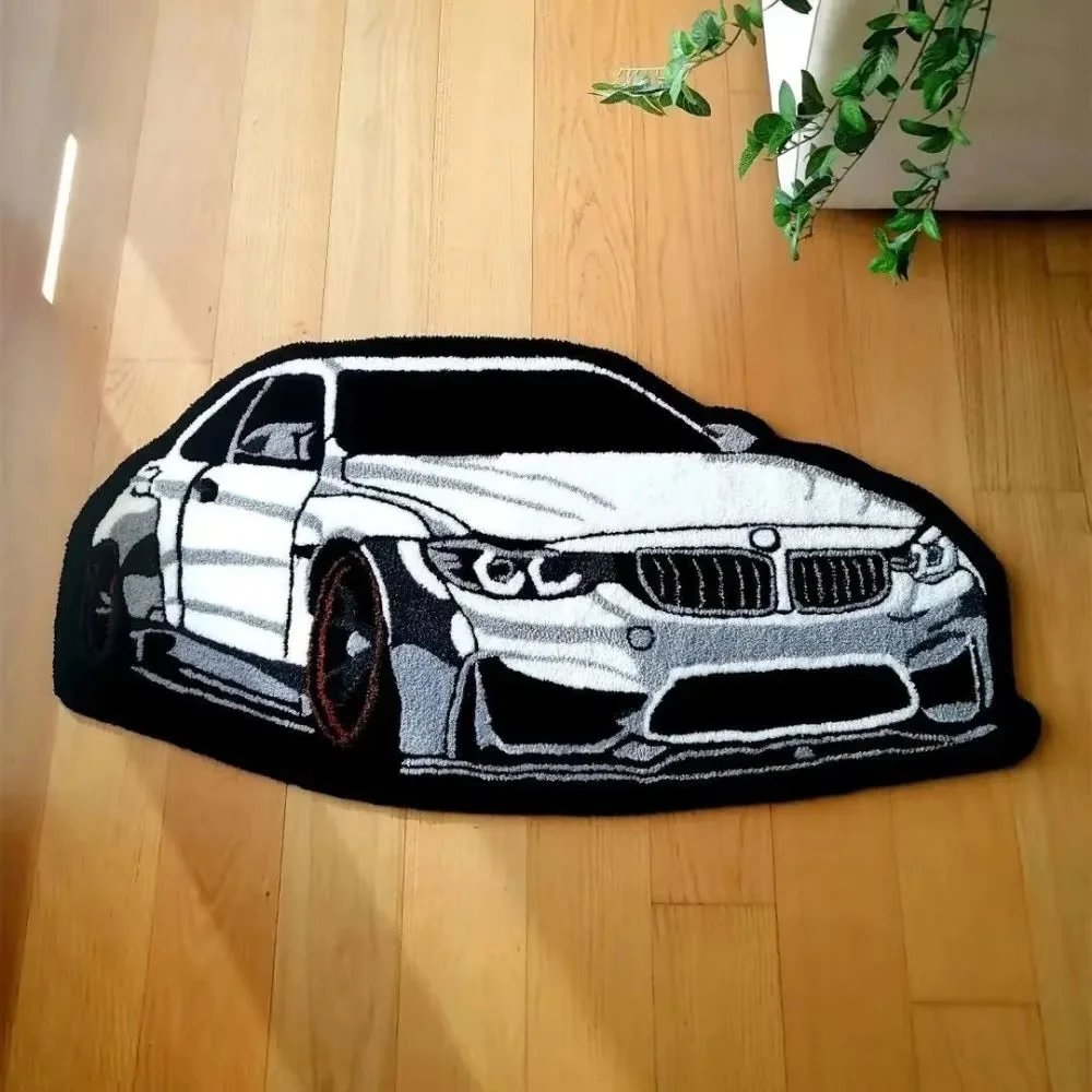 VIKAMA Cool Racing Car Fluffy Mat Modified Coupe Graphic Non Slip Minimalist Gaming Room Bedroom Decor Rug