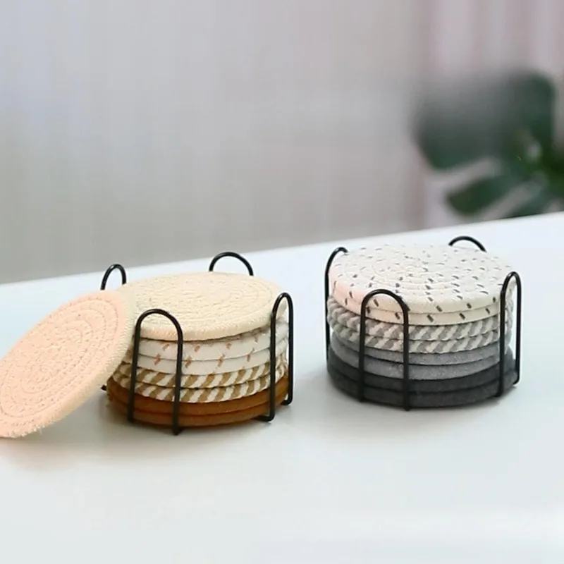 Nordic Cotton Rope Woven Placemat Kitchen Dining Table Thickened Mat Circular Cotton Thread Woven Coaster And Storage Rack