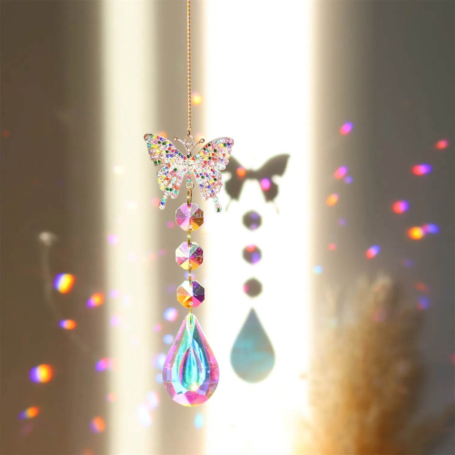 Crystal Prism Sun Catcher Ornament Colored Diamond Suncatcher Wind Chimes Hanging Pendant Sun Moon Star Rainbow Catcher Garden