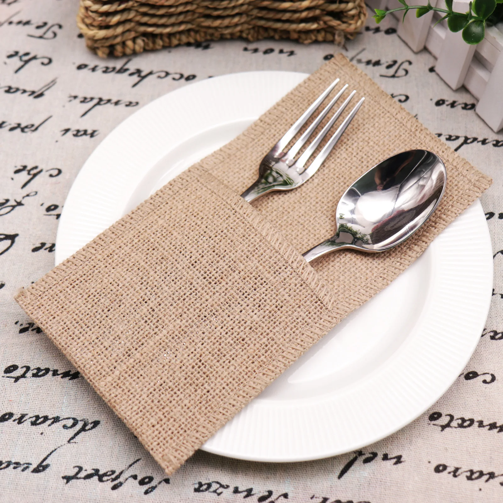 

6pcs Burlap Cutlery Pocket Tableware Bag Lace Vintage Jute Hessian Knife Fork Holder Rustic for Wedding Party Birthday Decor