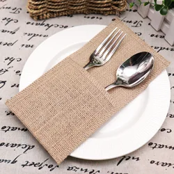 6pcs Burlap Cutlery Pocket Tableware Bag Lace Vintage Jute Hessian Knife Fork Holder Rustic for Wedding Party Birthday Decor