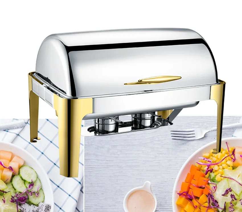 for 6L 9L Luxury Gold Plated High-end Stainless Steel Roll Top Chafing Dish Food Warmer With Visible Glass