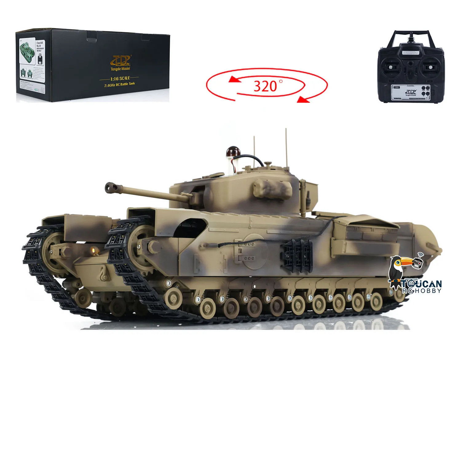 

1/16 RC Military Battle Tank Model RTR Churchill Mk.VII Metal Tracks Tongde Remote Control Electric Tanks Toy with Light Sound