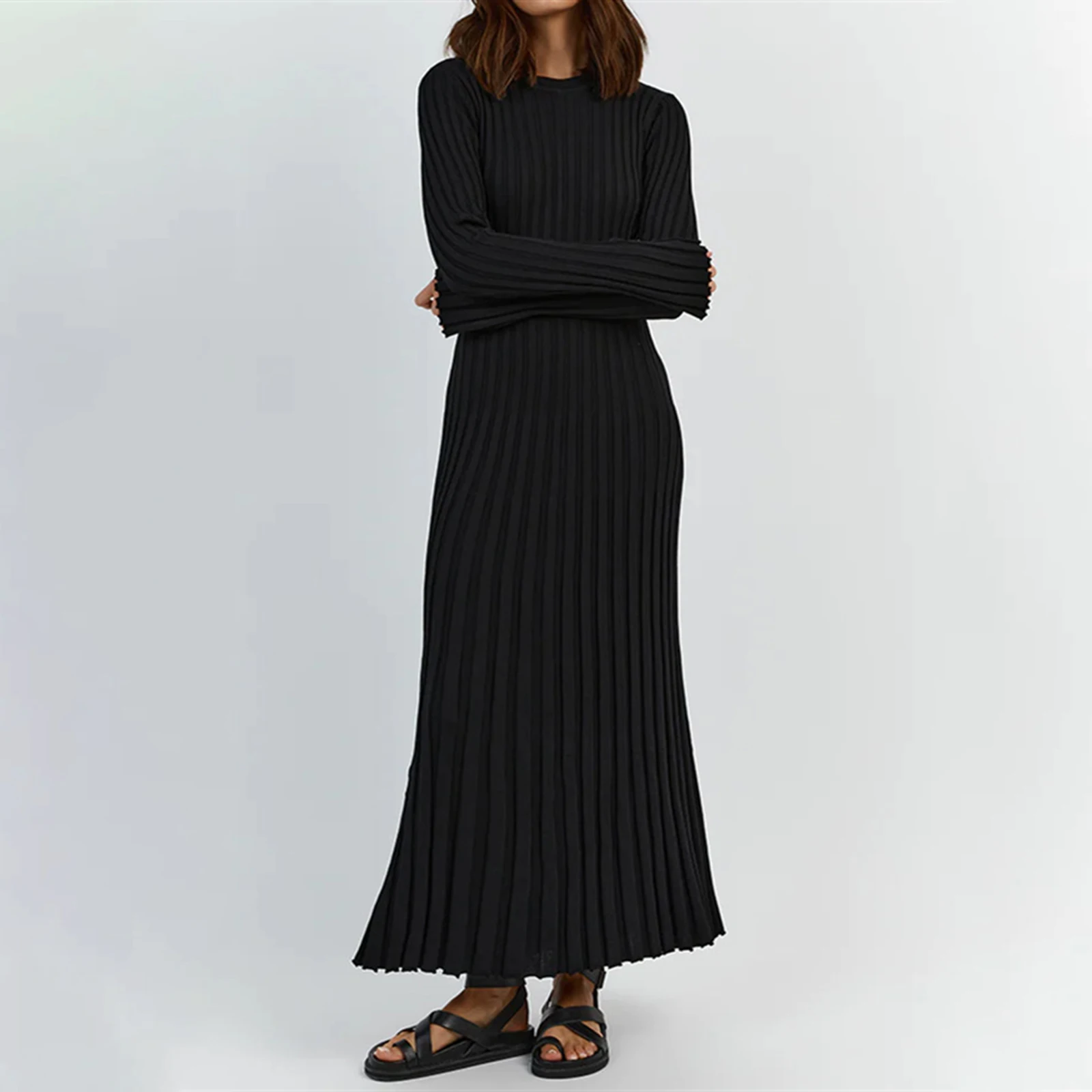 

Fashion Women Knit Dress Elegant Long Sleeve Crew Neck Ribbed Solid Fall Long Dress Streetwear Summer Dresses