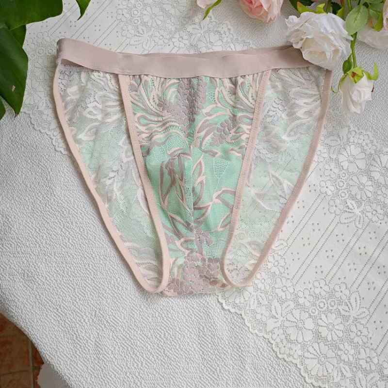 Men Sexy Mid Low Waist Briefs Mesh Lace Lightweight Comfortable Thong Wide Waist Band Floral LGBQ Briefs FKK Private Party