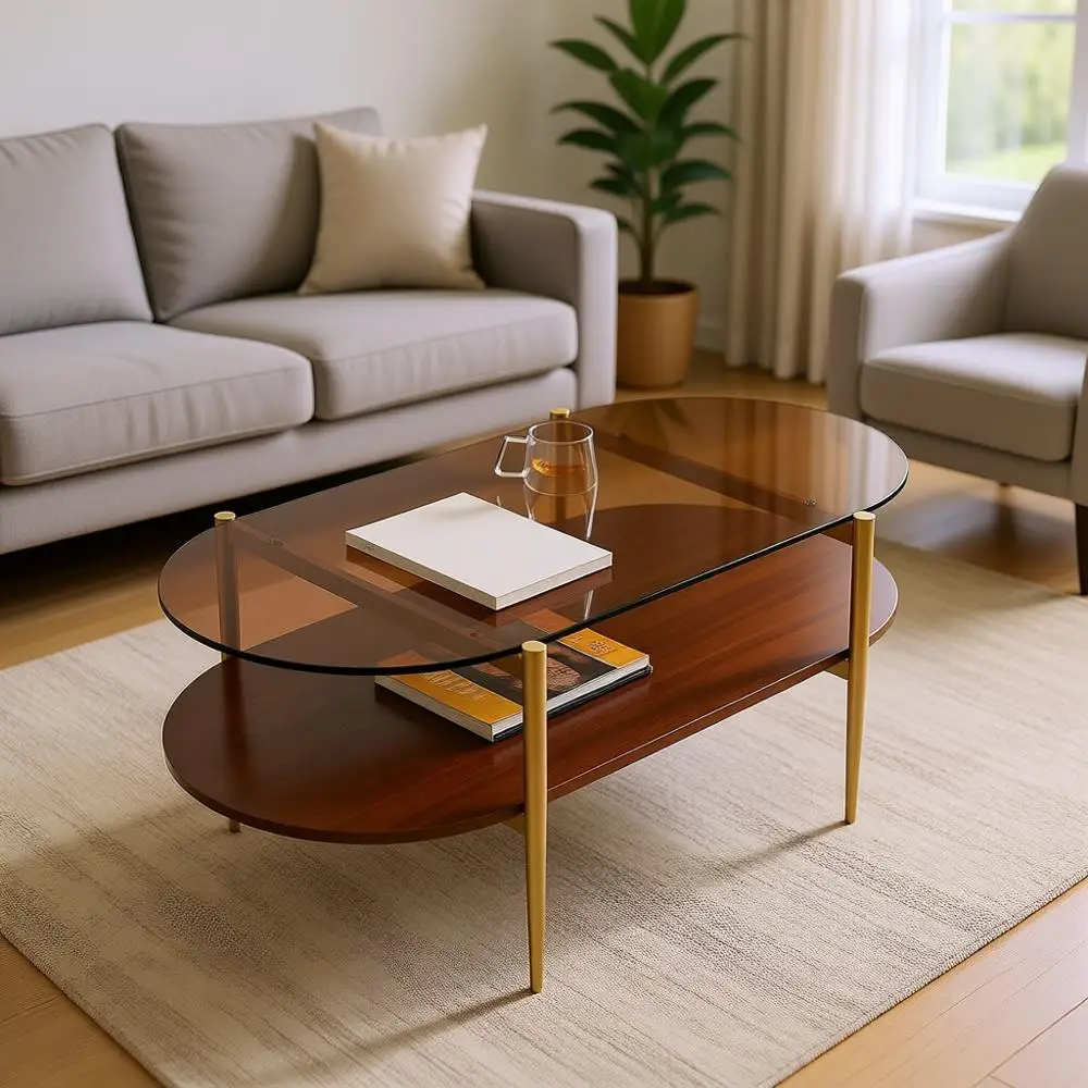 

Журнальный столик в современном стиле Century, 2-уровневая столешница из янтарного стекла, полка из МДФ цвета орех, 47 глубин x 21 ширина x 17 высота, ножки из металла с золотым покрытием