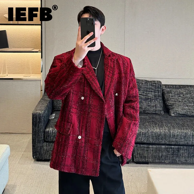 IEFB 2024 Autumn Men's Suit Jackets Casual Woolen Shiner Plaid Double Breasted Chic Button Loose Male Blazer Personalized 9C8125