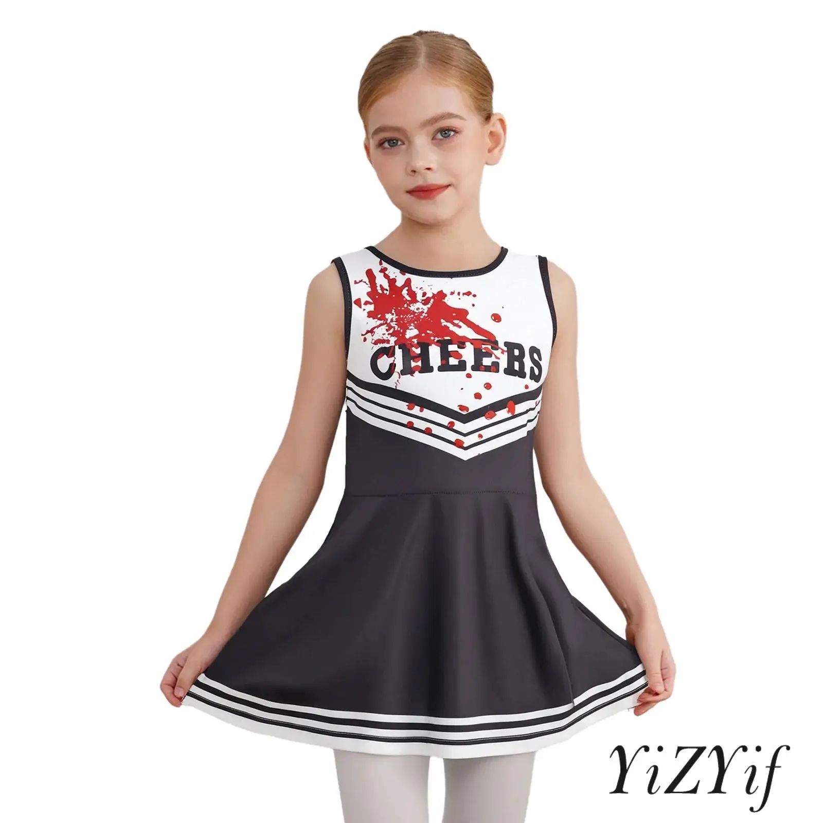 

Kids Girls Cheer Leader Costume Set Round Neck Sleeveless Letter Print Dress And Matched 2Pcs Pom Poms for Halloween Performance
