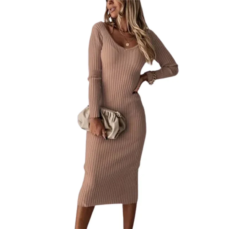 Solid Color Pit Stripes Slim Fit Women Dress V Neck Pencil Dresses Autumn Female Commuter Casual Gown Sexy Nightclub Party Wear