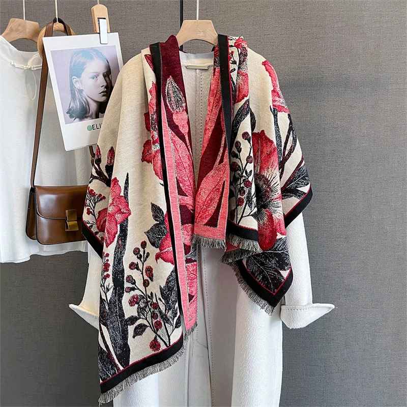 

Women Winter Scarf Cashmere Pashmina Shawls and Wraps Bufandas Floral Print Warm Thick Scarves Blanket for Lady 2025 Newpe