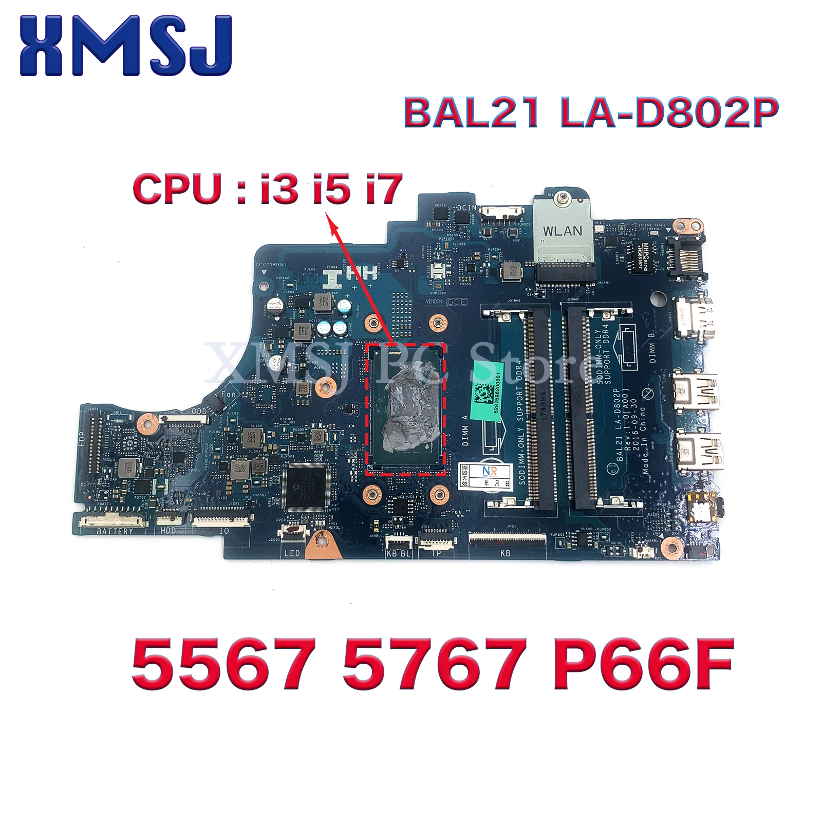 

For Dell Inspiron 15 5567 5767 P66F Laotop Motherboard BAL21 LA-D802P With I3-6006U I5-6200U I7-6500U CN-0DG5G3 081YW5 057K0H