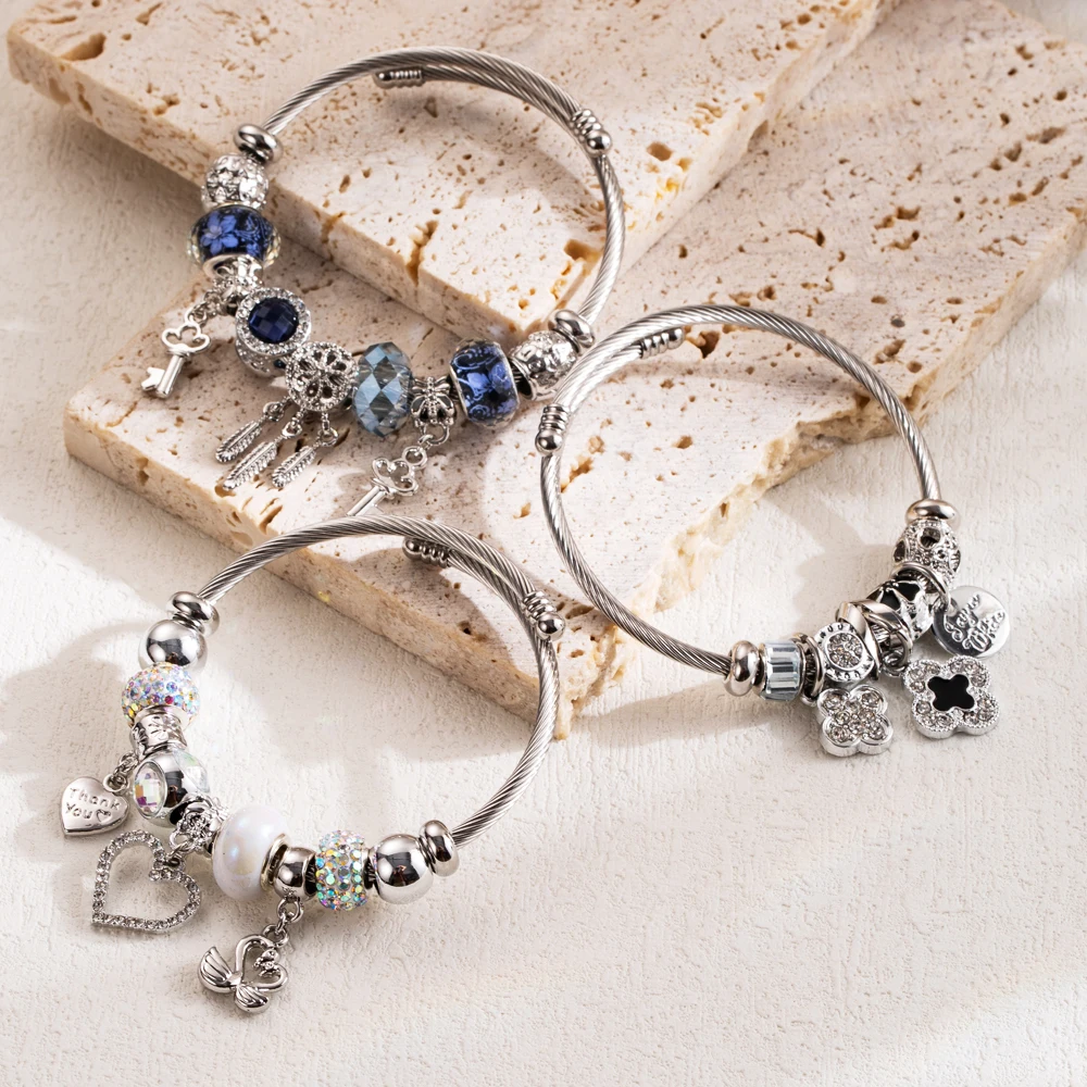 Trendy and Fashionable DIY Panjiaduola Bracelet Alloy Diamond Set Key Flower Love Pendant Adjustable Couple Bracelet Wholesale